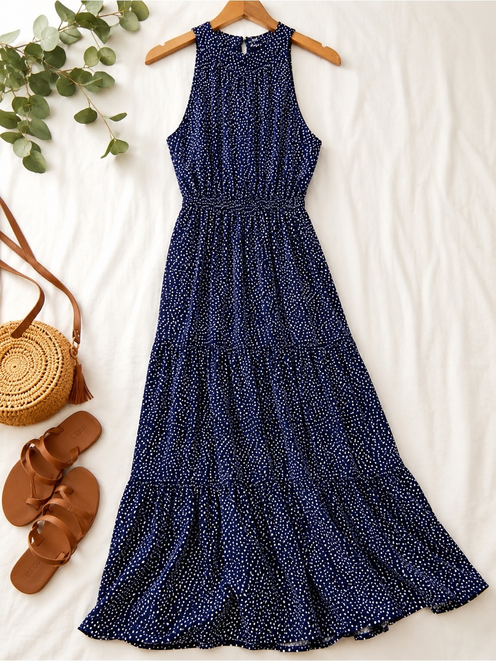 SHEIN Navy Polka Dot Maxi Dress Size L Sleeveless Tiered Stretch Waist Boho